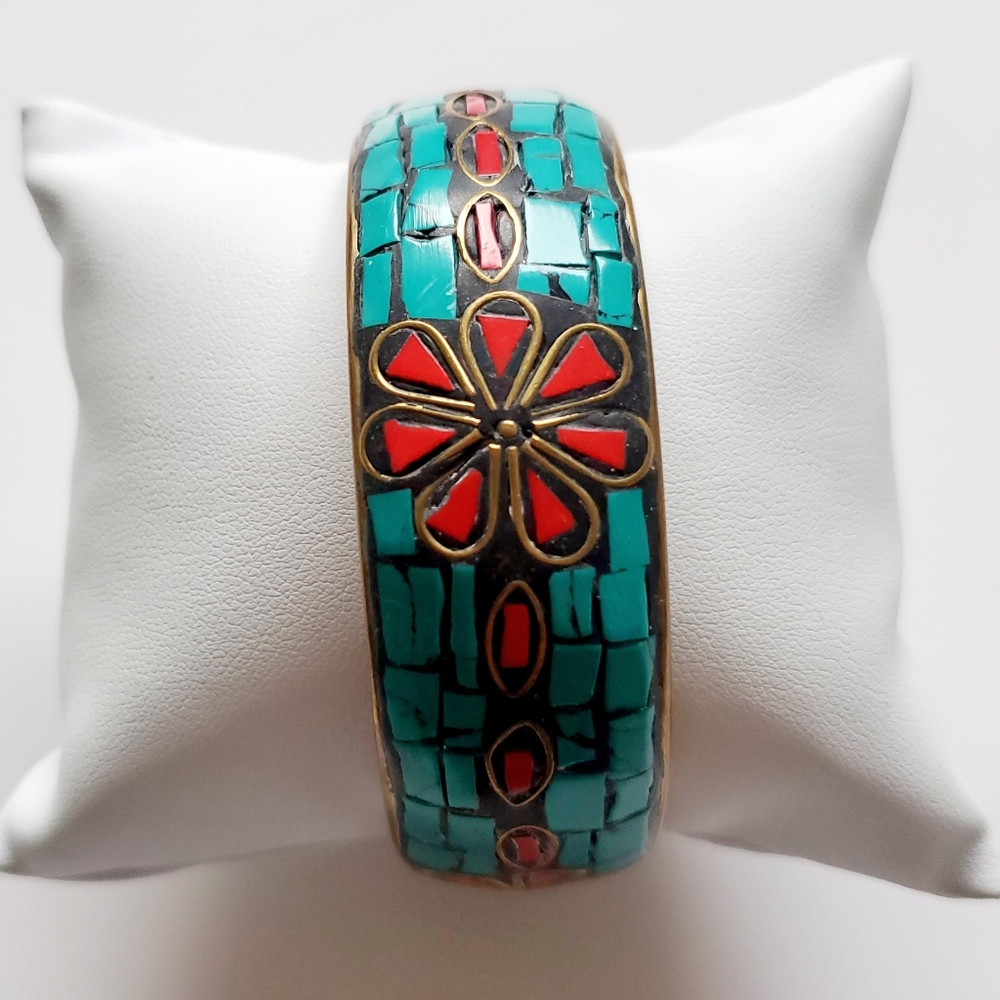 Handmade Turquoise & Coral Inlay Brass Bangle Bracelet Mosaic Floral Design